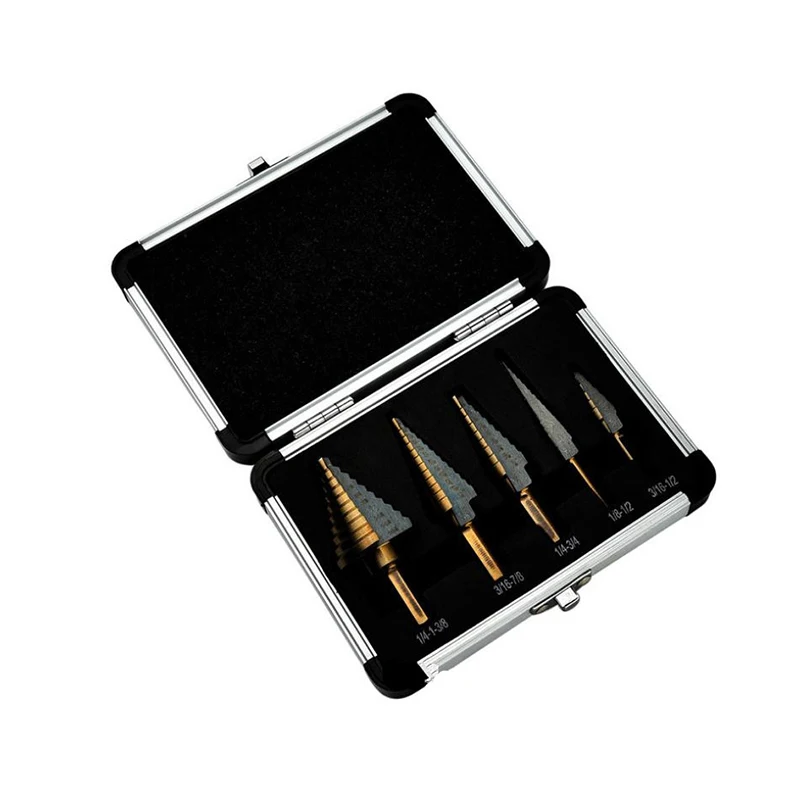 
M35 6Pcs Case Aluminum High Speed Coated Titanium Hss Spiral Step Conical Drill Bit Set 