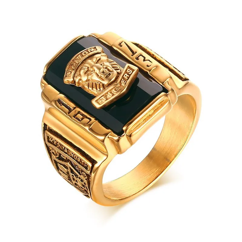 Punk Rock Stainless Steel Walton Tiger Head Navy Rings Personality Domineering Hand Jewelry Academy Badge Accessories for Men