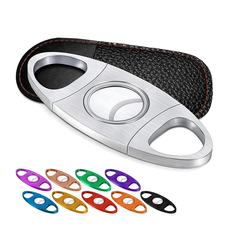 Amazon Hot-selling Stainless Steel Double Blade Guillotine Cigar Cutter Metal Cigar Scissors Knife with Leather Protector