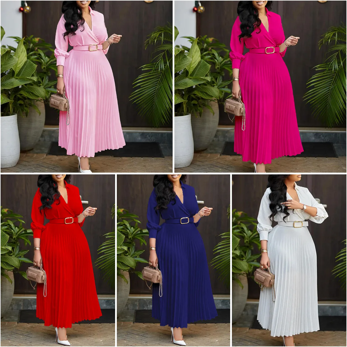C8587 Trendy Casual Dresses Women Lady Elegant Solid Color Long Sleeve V-neck Pleated Ladies Office Dresses With Belt