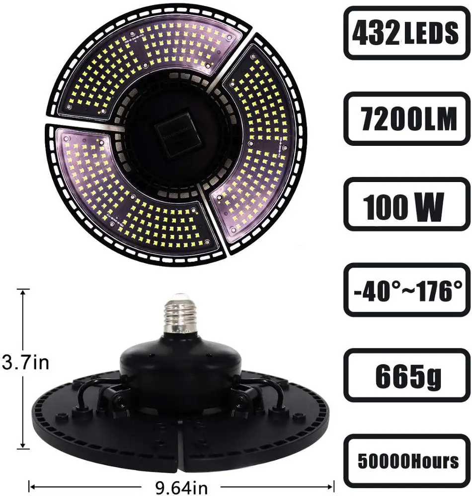 100W Deformable LED Shop Lights for Garage  , 12000LM  IP65 waterproof UFO LED High Bay Light LED Garage Lights