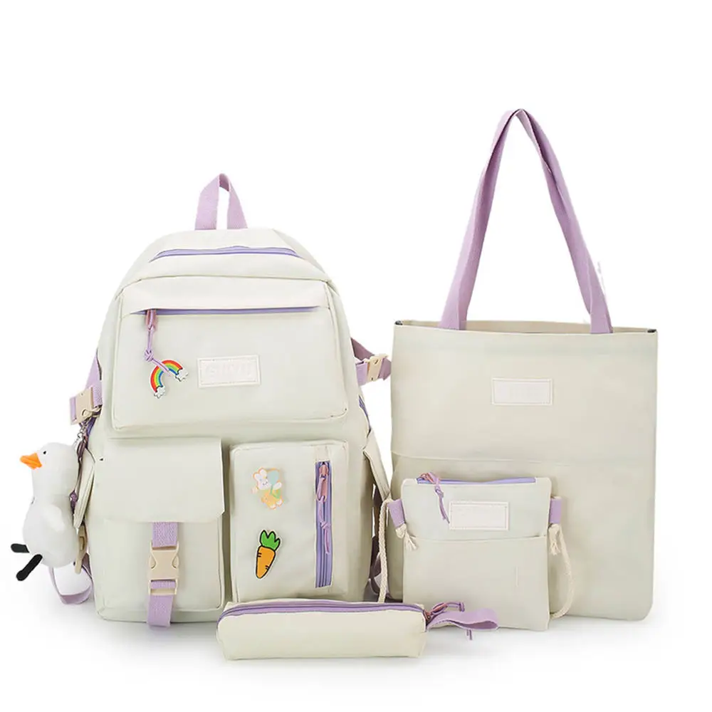 Factory custom student Korean style student nylon schoolbag set four piece set beige pop girls school schoolbag backpack