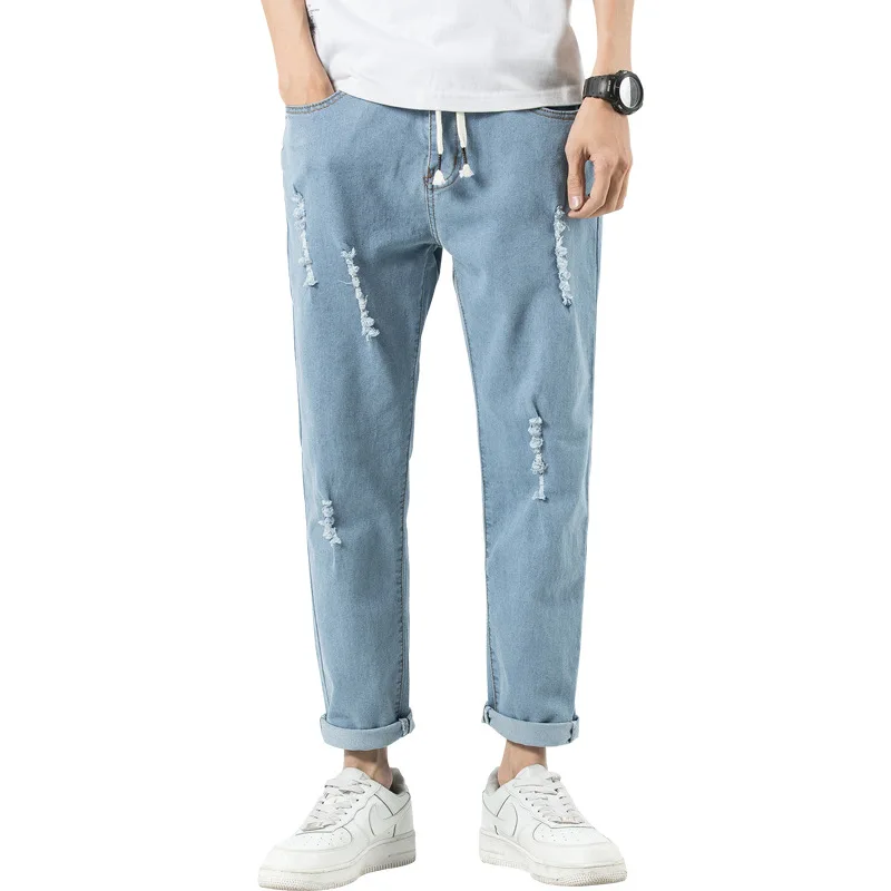 New Arrival Mens Tapered Pants Jeans Ripped Slim Denim Trousers Fashion Distressed Feet Pants Mens Fashion Jeans