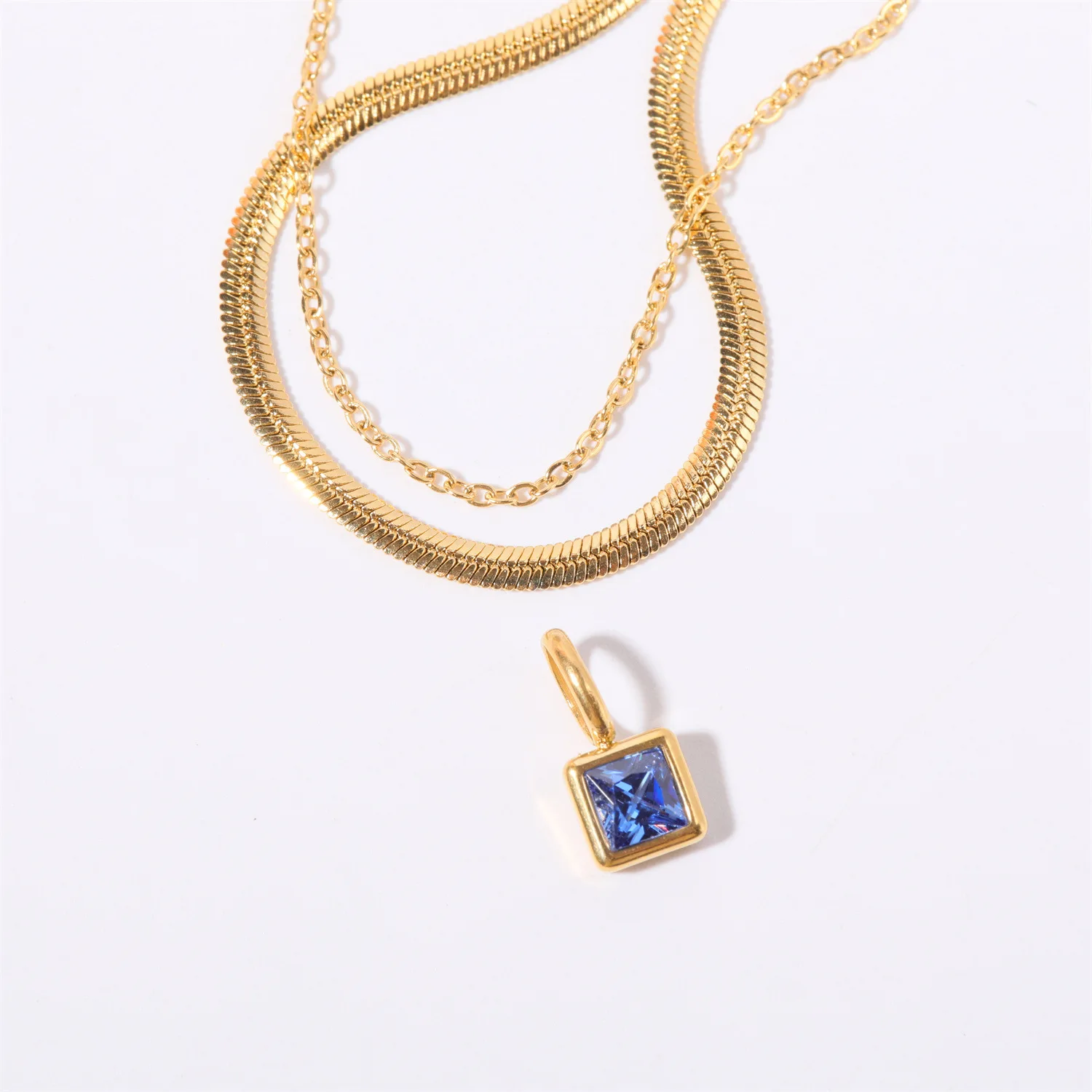 DIY Stainless Steel Necklace Colorful Square Red Cubic Zircon CZ Stone Birthstone Charms Necklace Jewelry