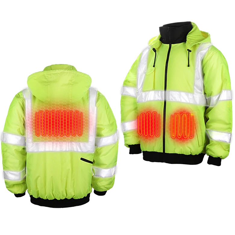 Heated Softshell Fluorescent Safety Jacket with Zipper Closure Warm Battery Pack Heated Vest and Jacket Warming Features