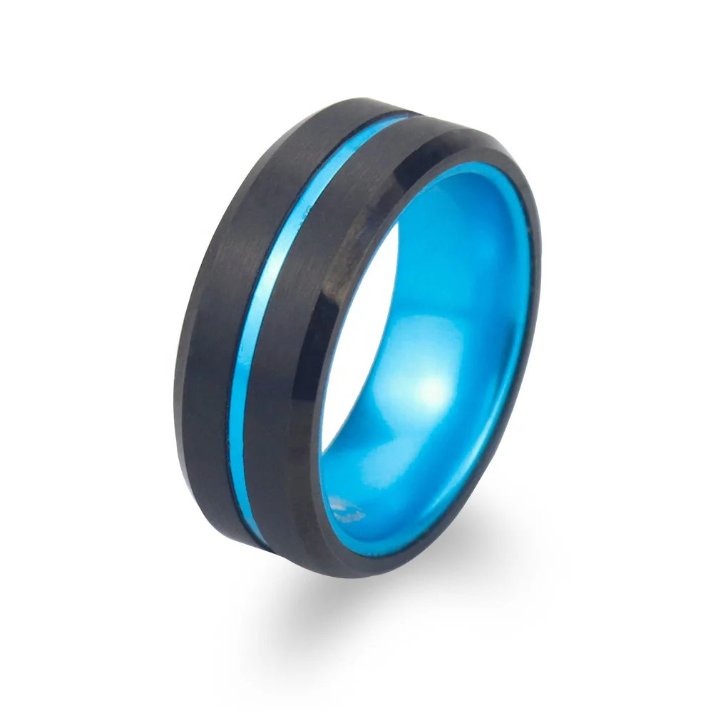 POYA Black Tungsten Blue Anodized Aluminum Sleeve Inlay Ring 8mm Two Tones Men Wedding Band