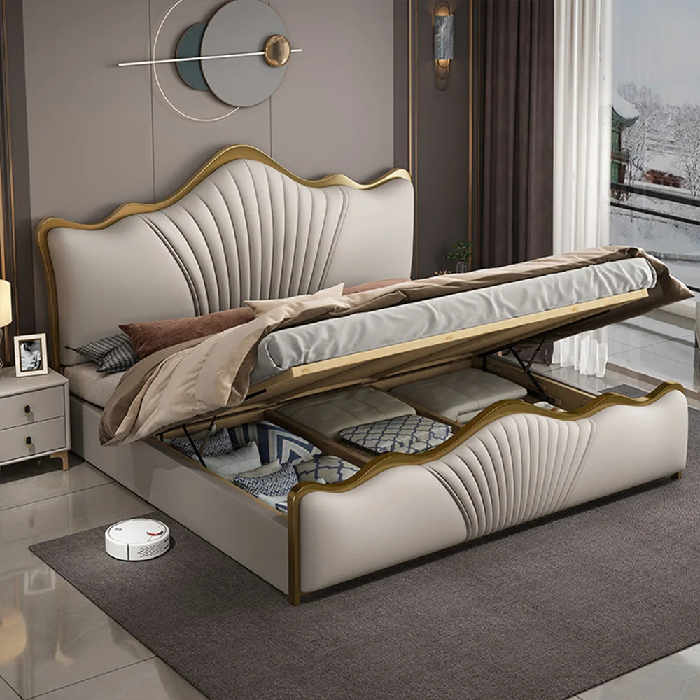 Italian Light Luxury Queen King Size Leather Bed Modern Soft Bag Double Bed Bedroom Furniture Up-holstered Bed Frame