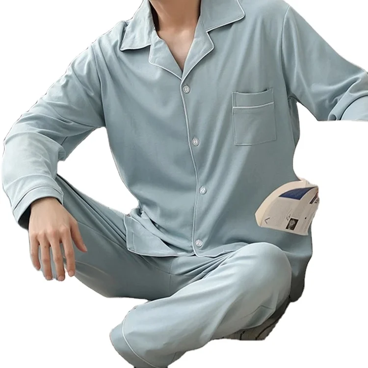 autumn Winter 100% Cotton Pajama for Men Sleepwear Pajamas Blue Home Clothes Man