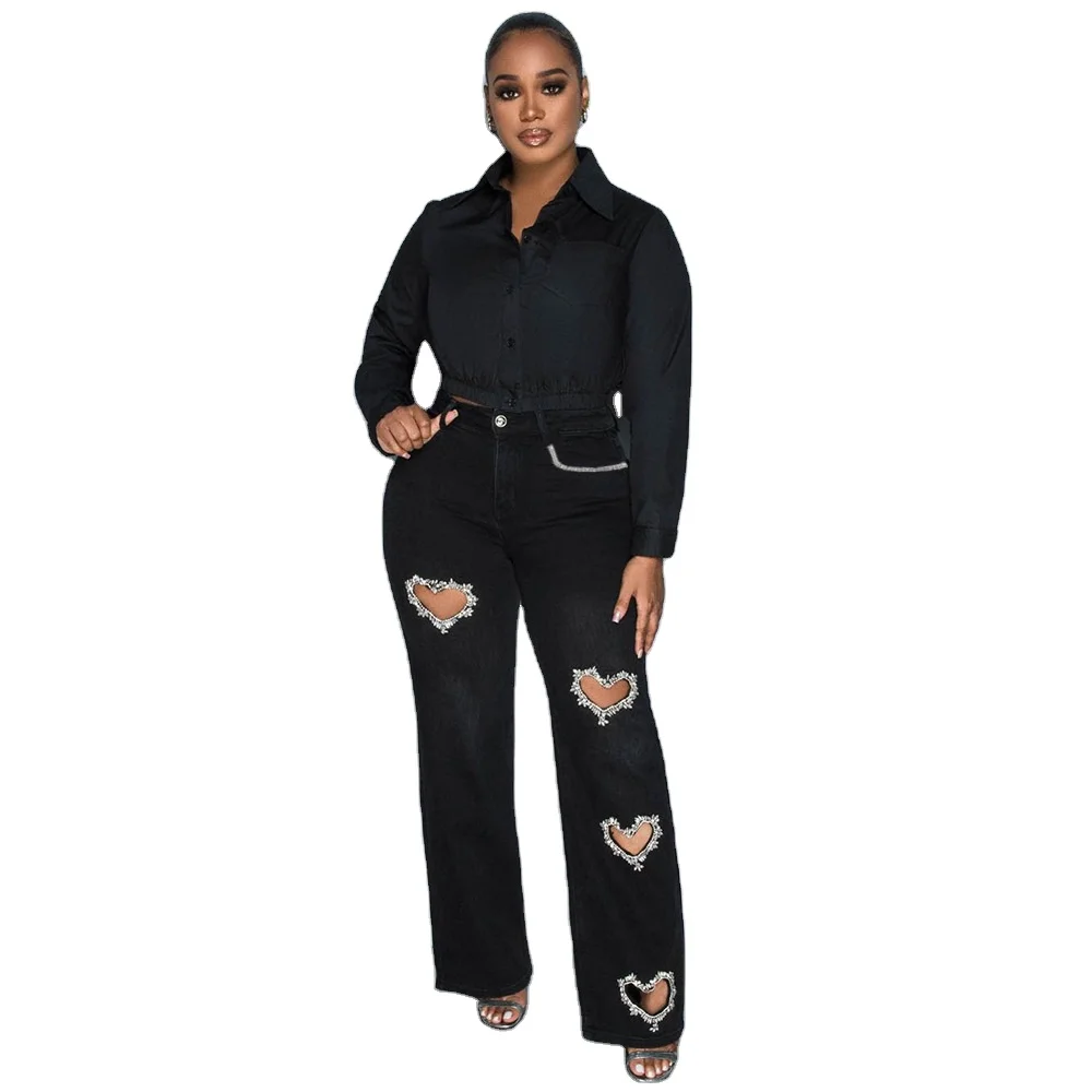2024 new Fashion Straightse sequin rhinestone heart shape hollow out Fit Sexy Hollow Out High Waist Women loose Jeans pants