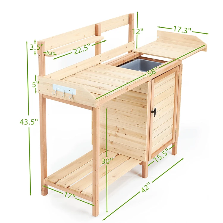 Hot Selling Outdoor Potting Station Solid Wood Garden Work Bench Table with Sink and Storage Cabinet