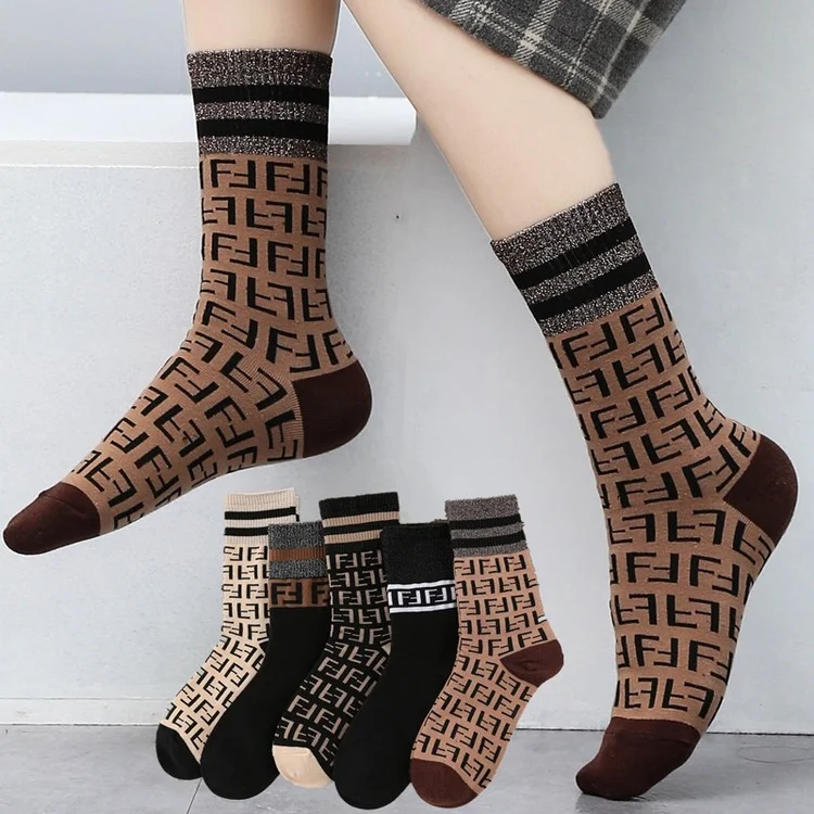 Fashion trend socks brand designer socks gold silk cotton letter socks