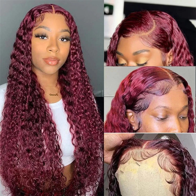 Transparent Lace Water Curly 13X4 Lace Front Wig 180% Density Red Burgundy Human Hair Wig 99J Color Wigs Human Hair Lace Front