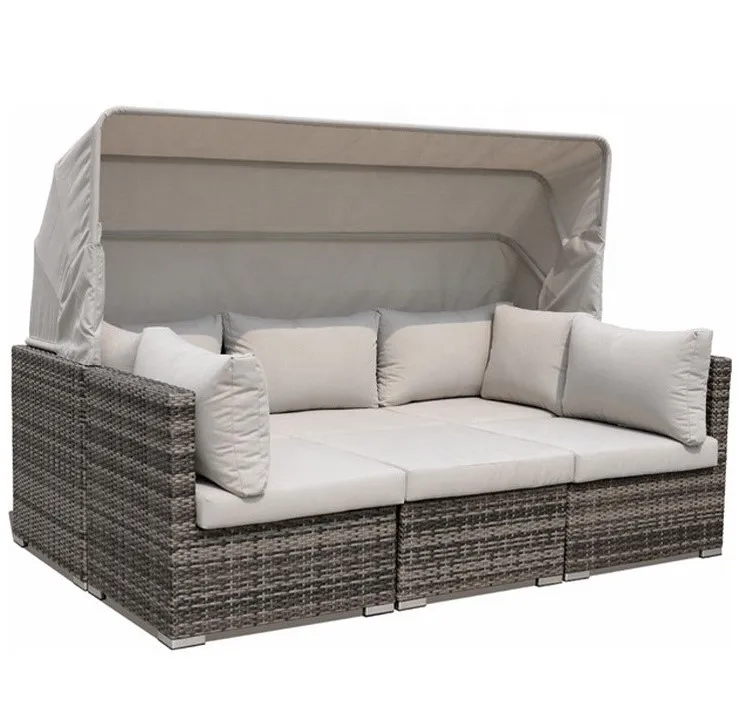 Hotel Outdoor Leisure Furniture Garden Lounge Suite Rattan Sofa Modern Luxury  Combination Sofa Bed Sets With Awning