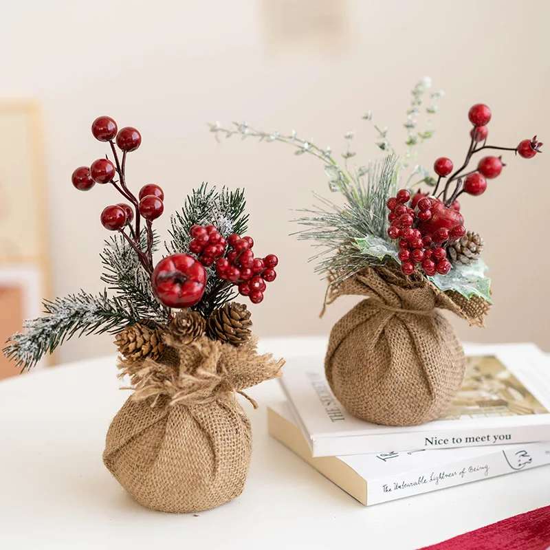 Artificial Mini Christmas Tree Small Tabletop Christmas Tree with Red Berries Ice Crystals and Pine Cone Desk Decorations