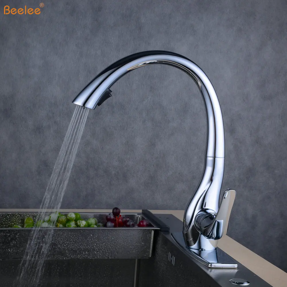 Beelee BL1749C Luxury Polished Chrome Swan Pullout Kitchen Faucet Tap with Pull Down Sprayer
