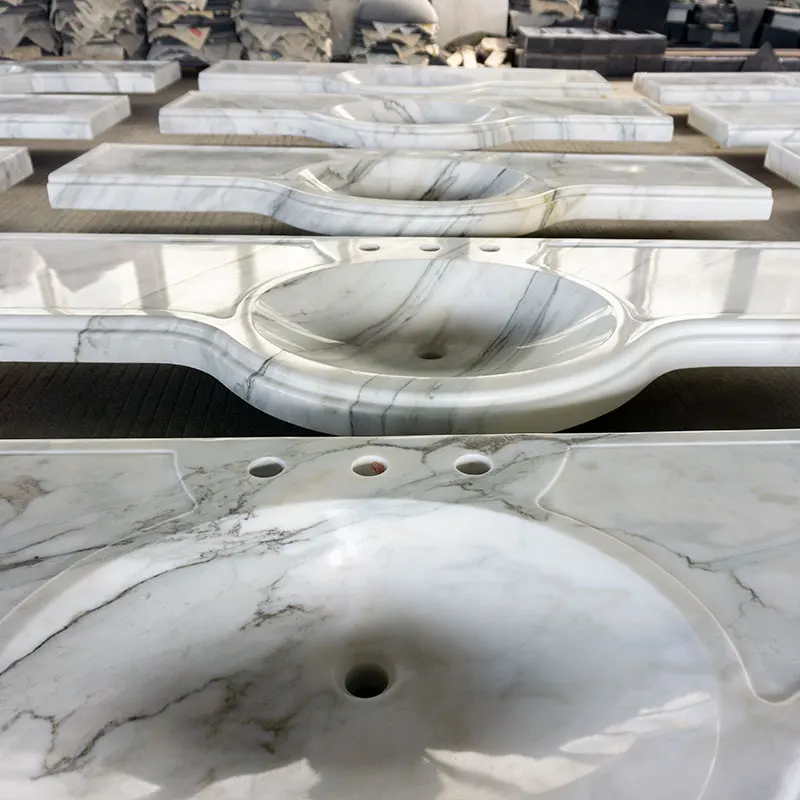 Bathroom Vanity Top with Integral Sink Natural Calacatta Gold Marble Countertops with Brass Stand Set