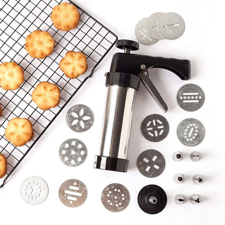 Stainless Steel Biscuit Press Cookie Gun Set 20 Cookie discs 4 nozzles DIY Biscuit Maker Churro Maker Cookie Press Gun Kit