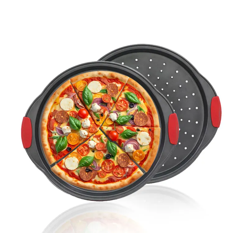 Kitchen Gadget 15 Inch Non-Stick Carbon Steel Holes Baking Pizza Pan Perforated Pizza Crisper With Heat-Resistant Silicone Grips
