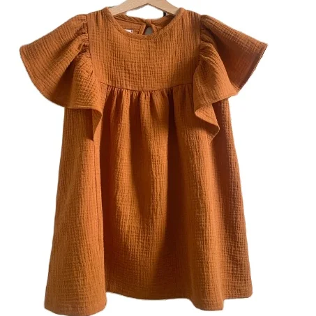 Baby Girls Beautiful Muslin Dress with Butterfly Sleeves Breathable Cotton Dress Beige Style