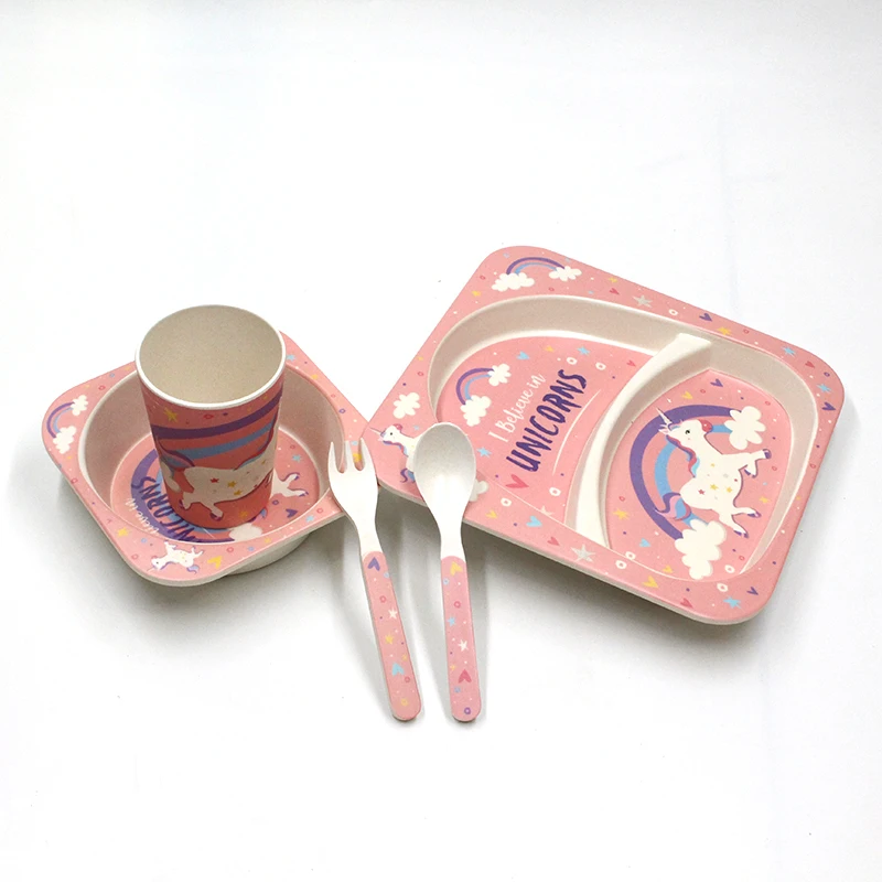 Cartoon design custom bamboo divided plate cup bowl fork and spoon dinnerware kids set