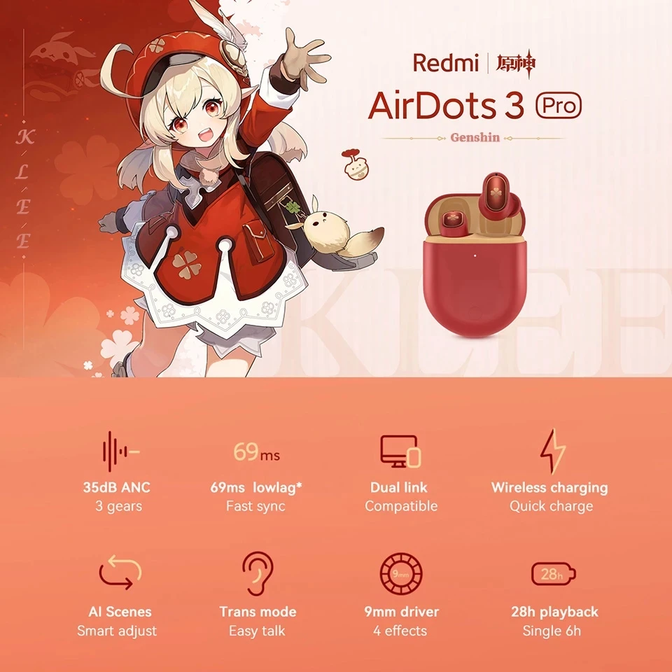 Original Genshin Impact Xiaomi Klee Original Redmi Airdots 3 Pro Earphones Earbuds Gaming Headset With Mic Low Delay