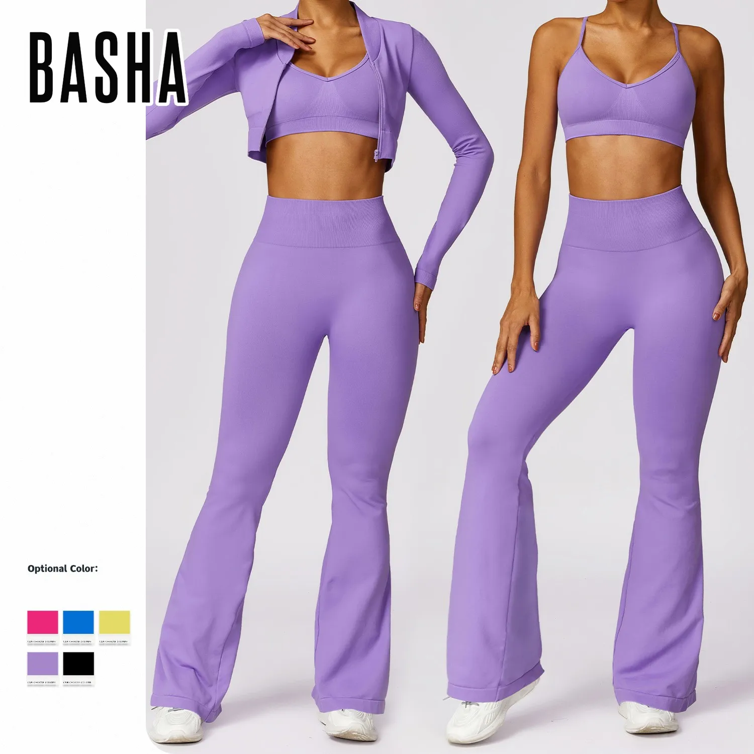 BASHAsports Women Seamless Sports Sets Women Slim Zipper Sports Jackets Crop Top High Waist Scrunch Butt Flare Pants