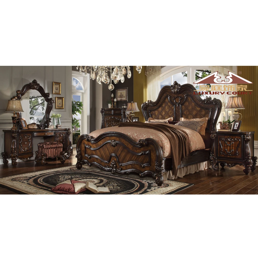 Longhao baroque expensive wood hand carved royal furniture gold plated bedroom set with fabric headboard