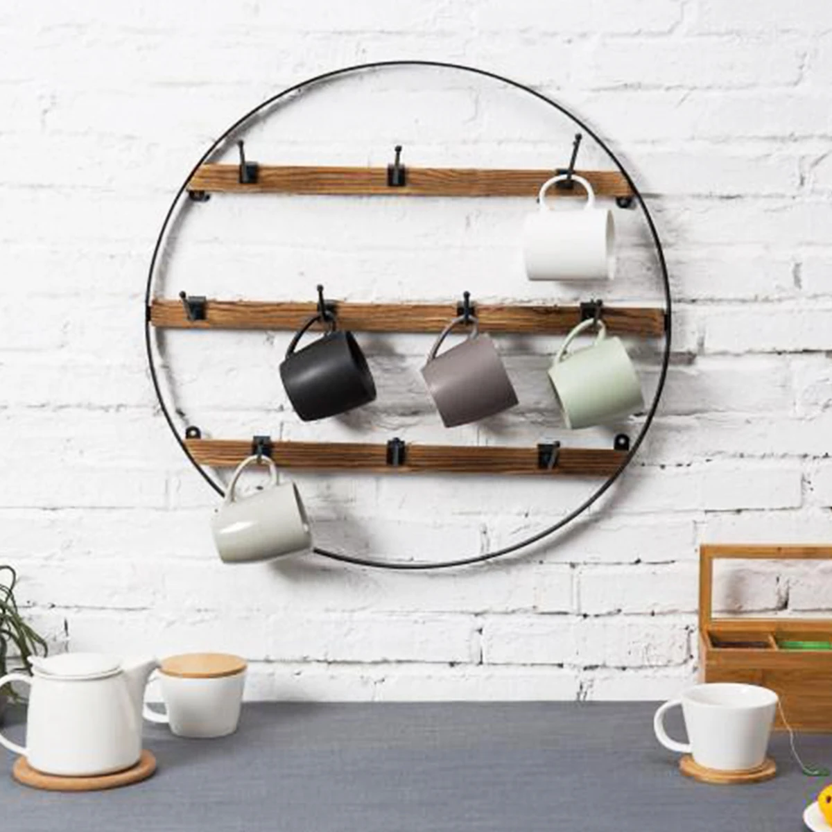 Large Organizers Storage Wall Mounted Wooden and metal Coffee Mug Holder Rack