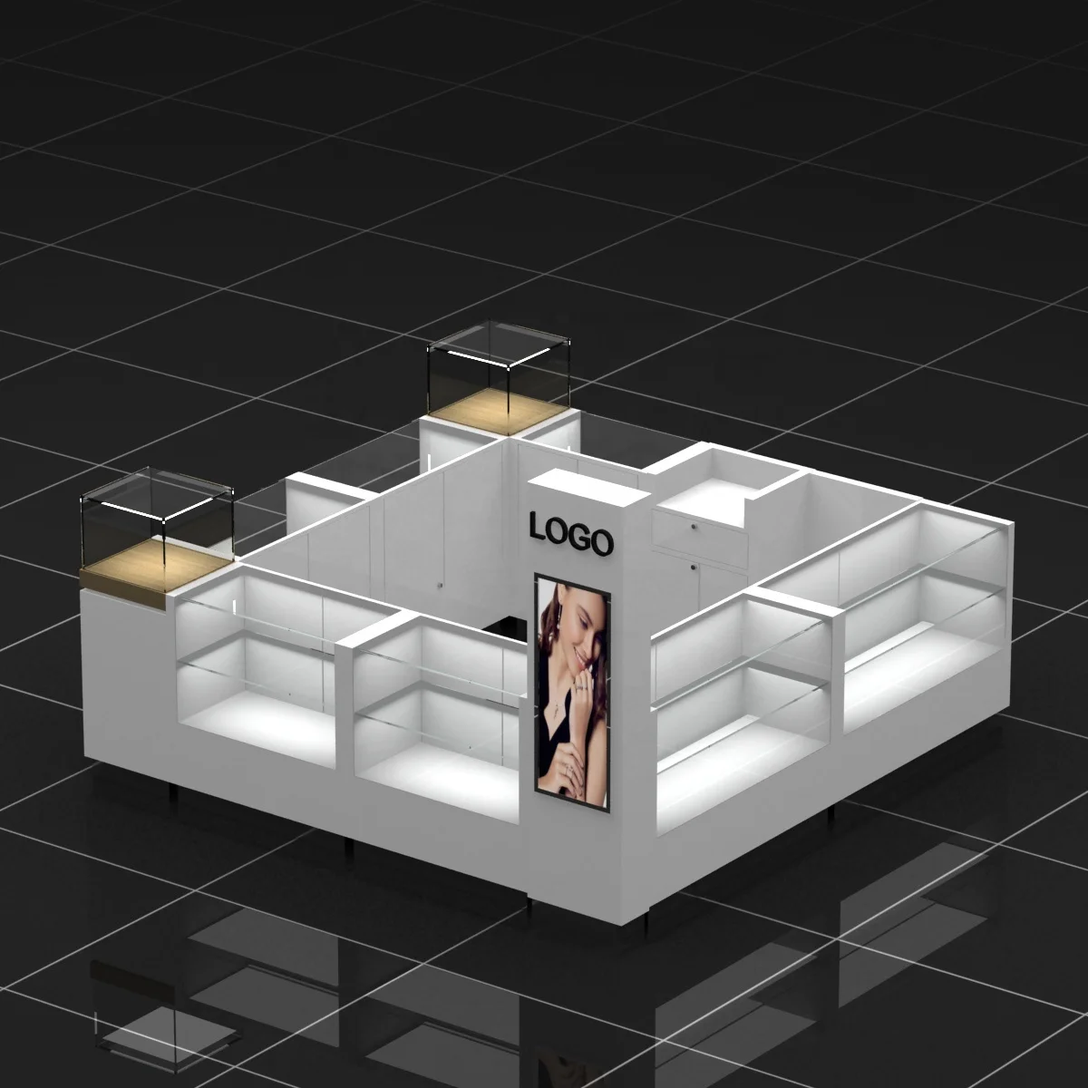 High-end Jewelry Kiosk for Mall Glass Jewelry Display Cabinet with LED Light Modern Mall Kiosk for Jewelry