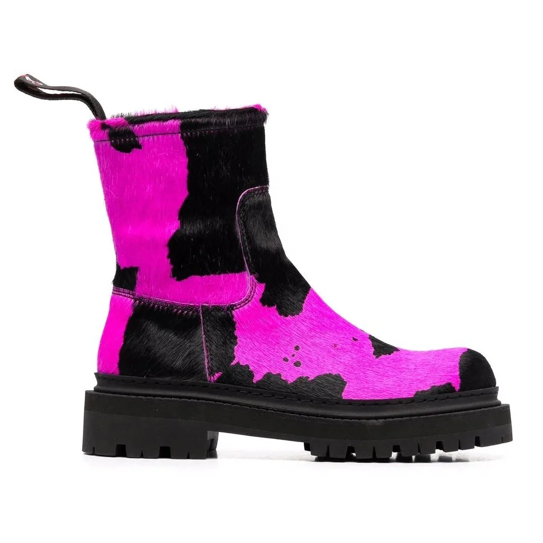 Anmairon new coming designer boots real horse hair cow print women ankle boots