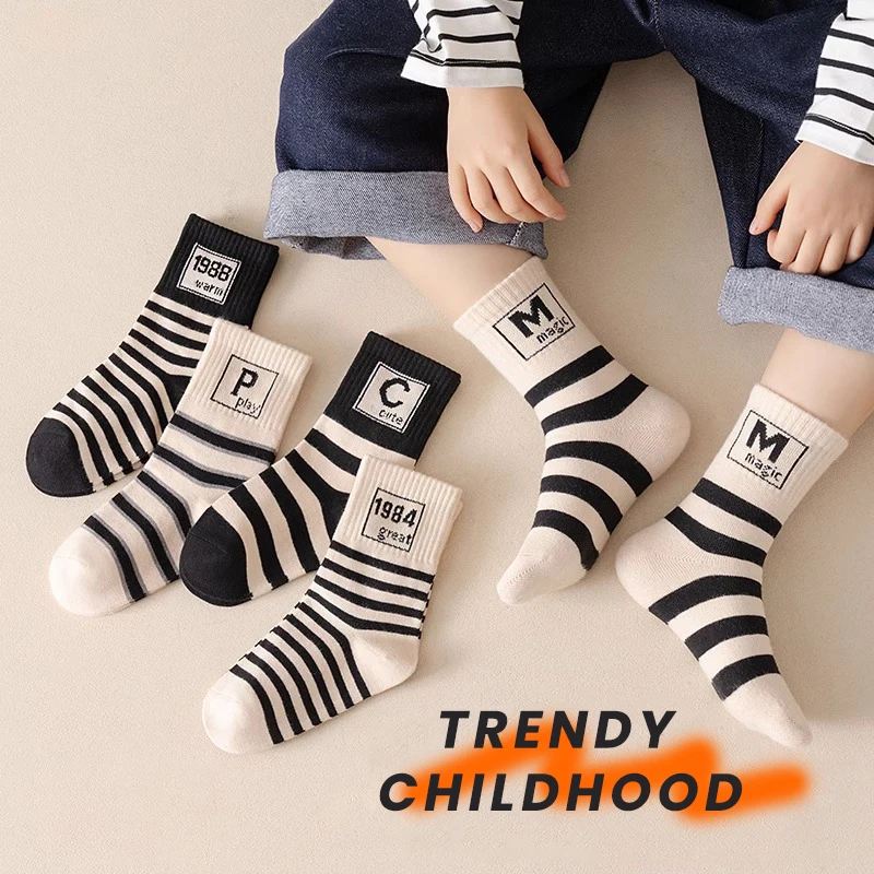 Осенние хлопковые носки в полоску для мальчиков и девочек детские весенних зимних видов спорта вязаные