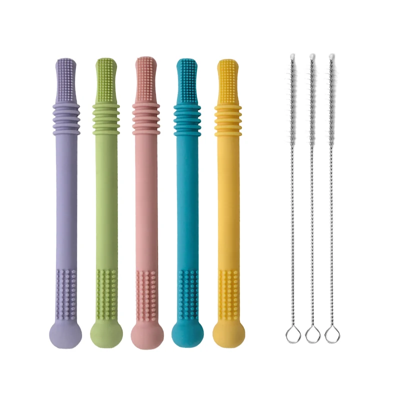 Лидер продаж Amazon, детские жевательные прорезыватели из пищевого силикона в форме полой соломы, набор игрушек (6 прорезывателей и 3 щетки)