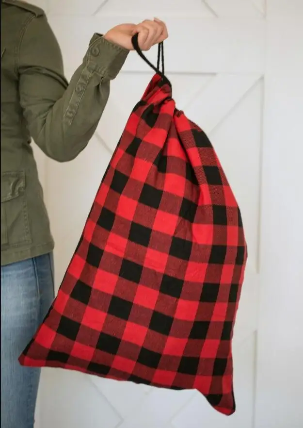 Готово к отправке, Рождественская красная клетчатая Подарочный мешок на шнурке красный буйвола в клетку Рождественский Санта мешок