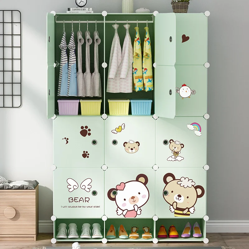 Folding Plastic Cheap Children Wardrobe Baby 12 Cubes with Lovely Stickers Factory Sale PP Portable Plastic Kids Closet Wardrobe