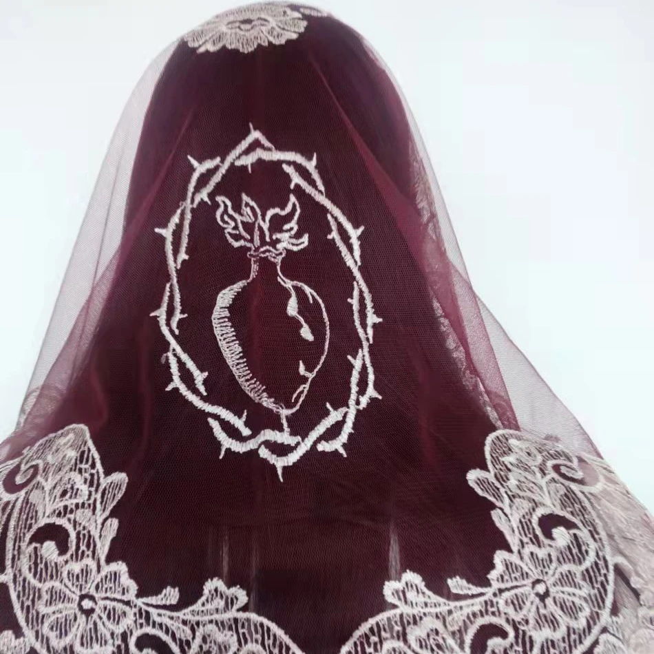 Винно-красная вышитая испанская кружевная католическая вуаль Mantilla