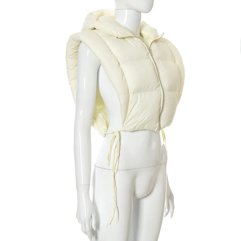R10015 - fashion solid hooded hollow out bandage sleeveless women cotton padded jacket