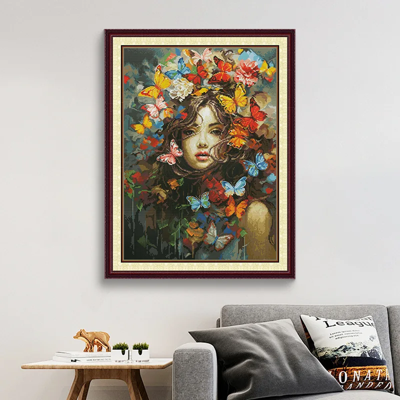 Butterfly with girl cross stitch, cross stitch kit, DIY embroidery kit