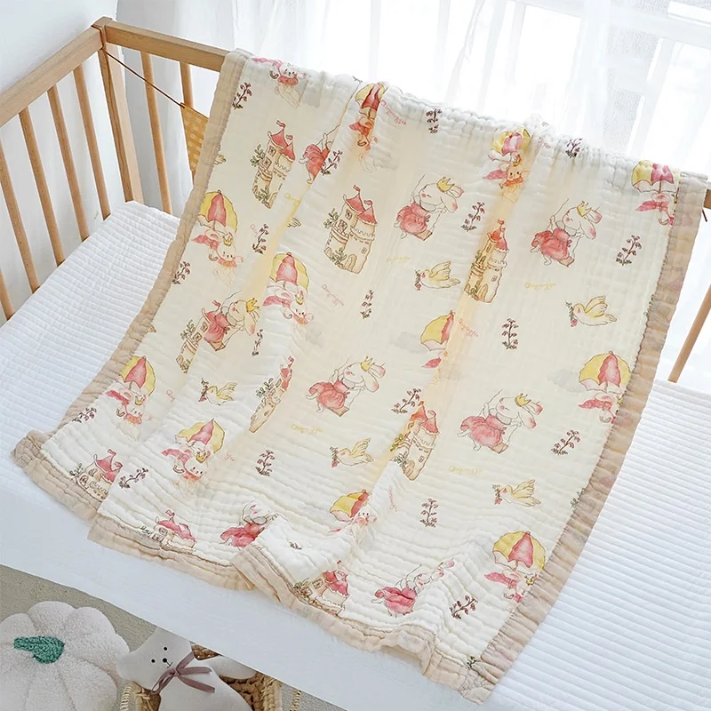 Newborns 6-Layer Pure Cotton Wide Edge Baby Bath Towel Baby Sleeping Blanket