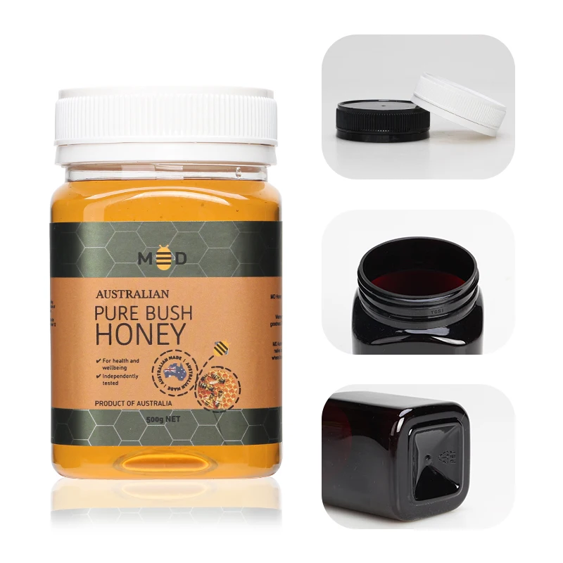 Food grade transparent amber black 360ml/500g pcr rpet pet plastic square honey jar with tamper proof cap honey bottle
