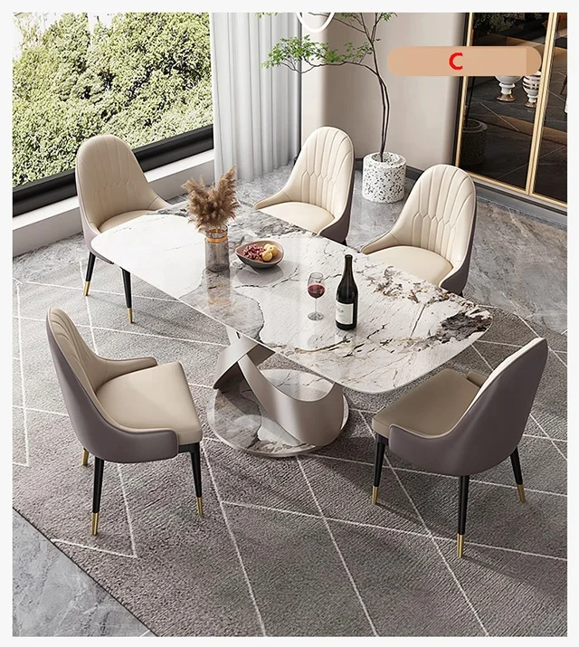 Foshan Factory direct sale modern Rock table restaurant rectangle marble stone dining table and chair set for villa home