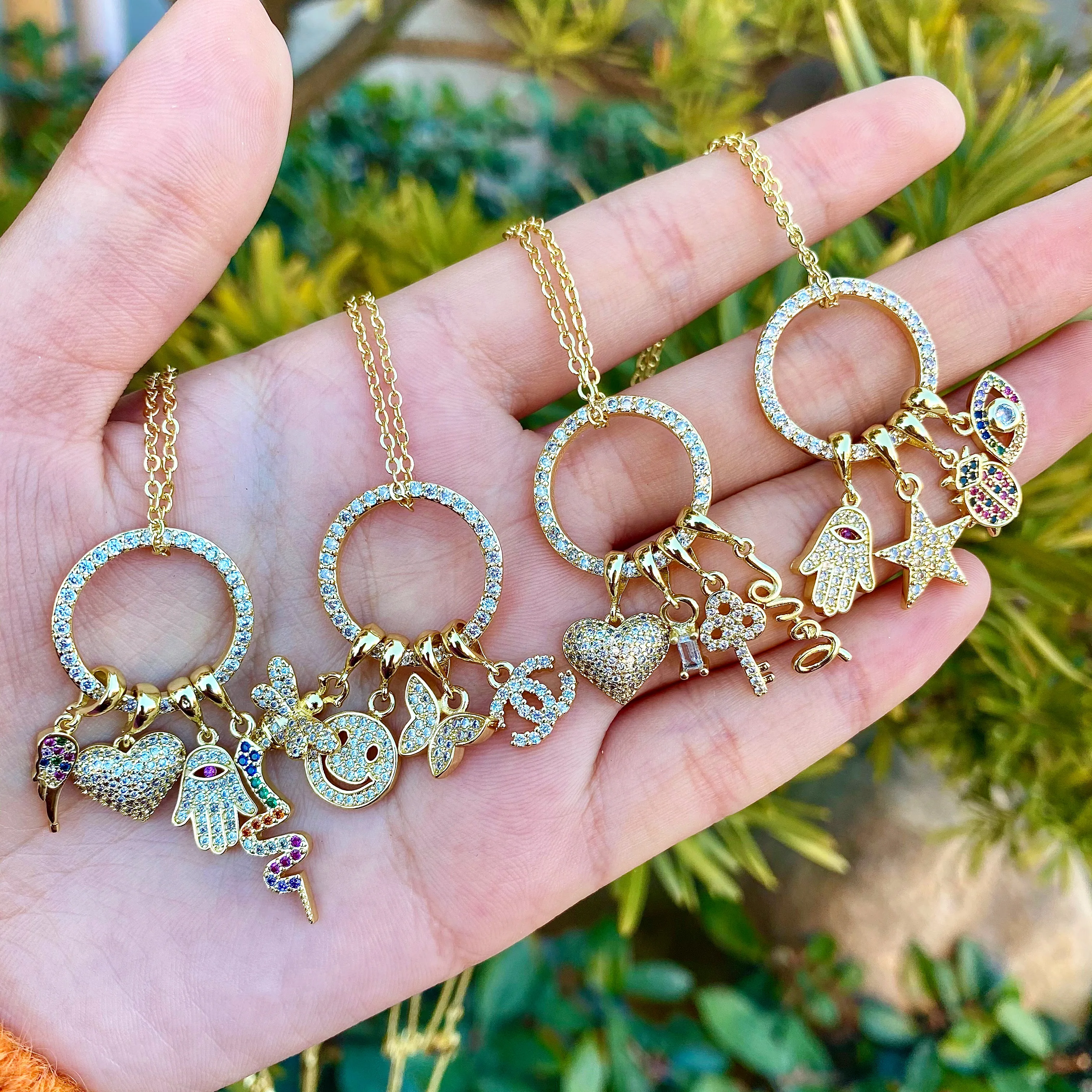 Adjustable Ring Buckle Smiley Palm Series With Diamond Necklace 18k Copper Micro Diamond Pendant Necklace Jewelry