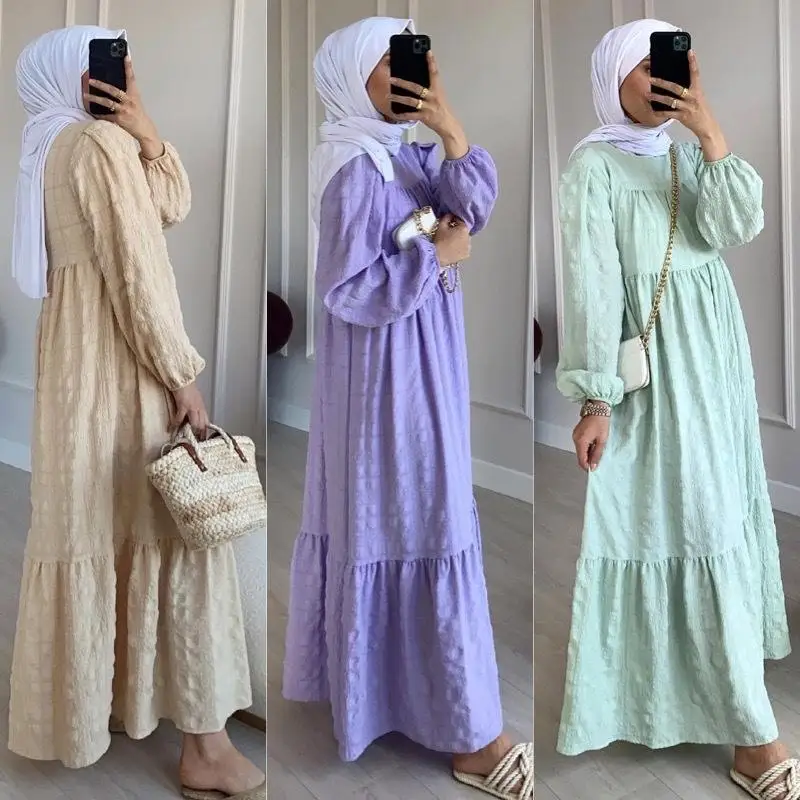 Fashion Solid Loose Casual Abaya Dubai Turkiye Islamic Morocco Arab Scoop Neck Maxi Women Abaya Muslim Dress Home Costume