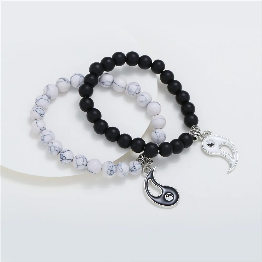 Kingcome Black Frosted White Turquoise Fengshui Bracelet Sets 2 Pieces Set Yin Yang Tai Chi Couple Beaded Bracelet Suit