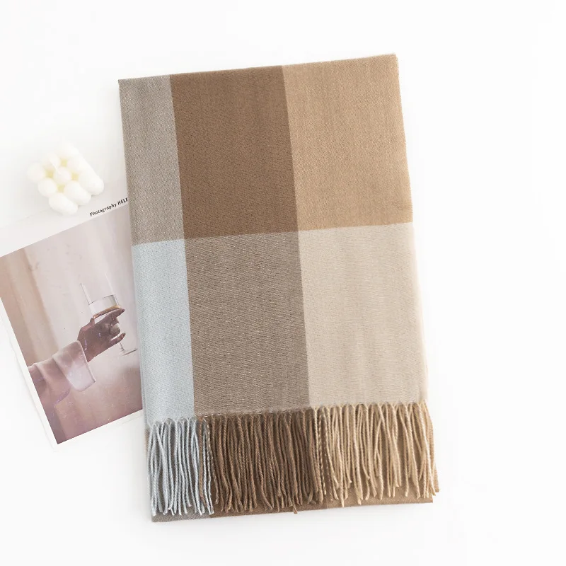 Wholesale Warm Winter Soft Loop Headwrap Shawl Long Style Hijab Tassels Plaid Custom Artificial Cashmere Printed Scarf for Women