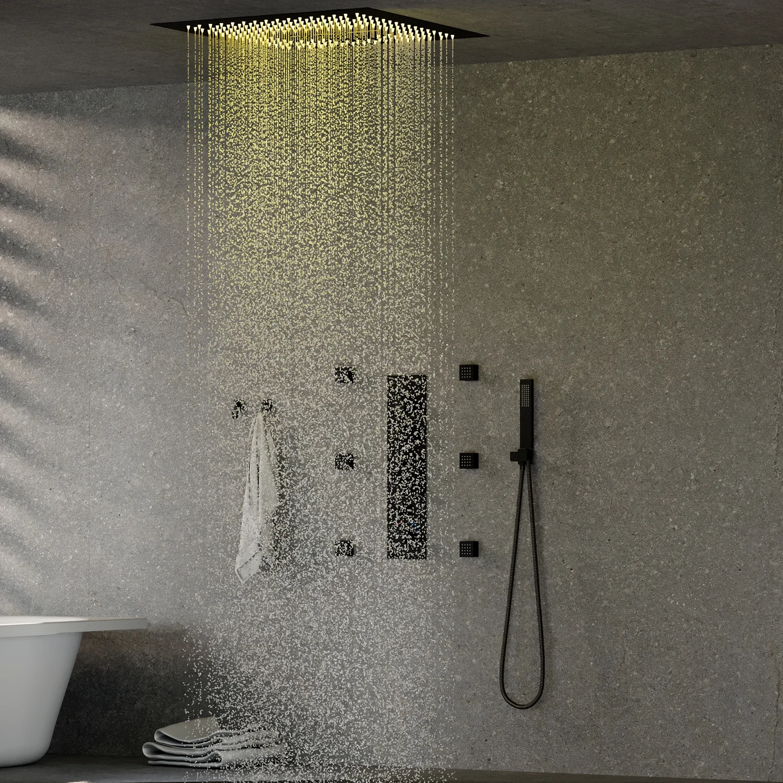 Ceiling LED Shower Set 304 Stainless Steel 16inch Rainfall Showerhead Panel Bathroom Cold and Hot Digital Display Shower System