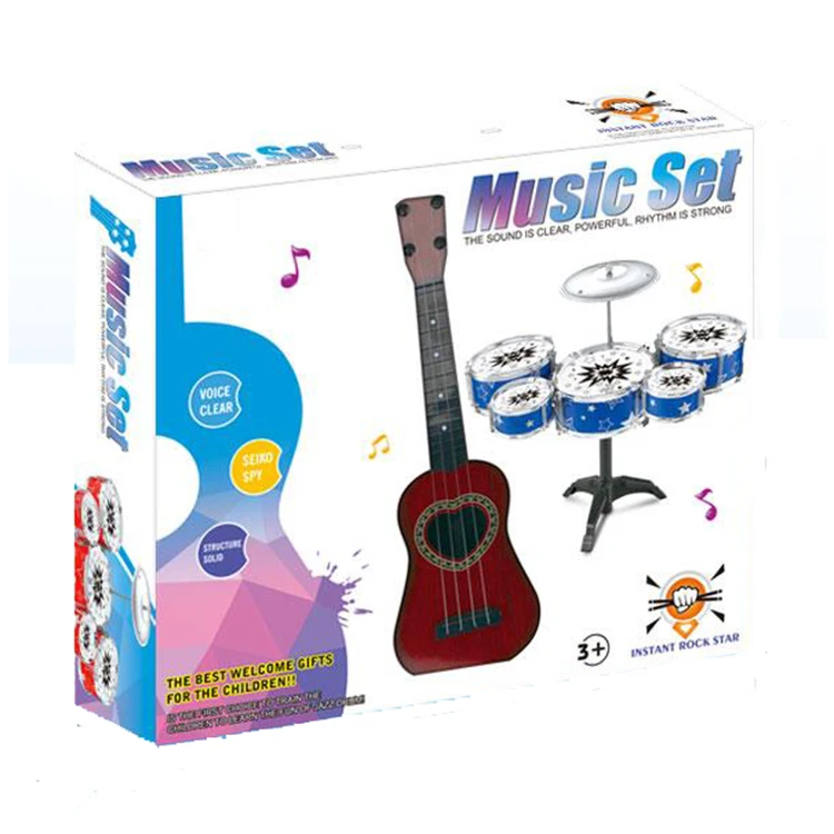 Kids percussion instrument toy plastic simulation electroplate jazz drum set with guitar