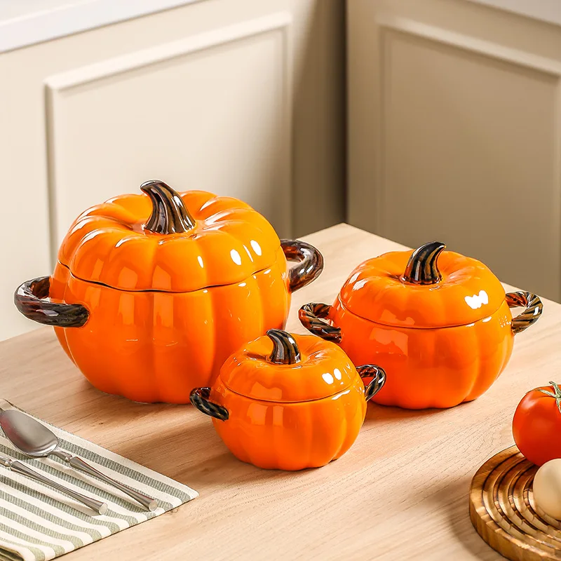 New Creative Pumpkin Shape Ceramic Soup Pot Household Large Capacity Double Ear Soup Bowl with Lid
