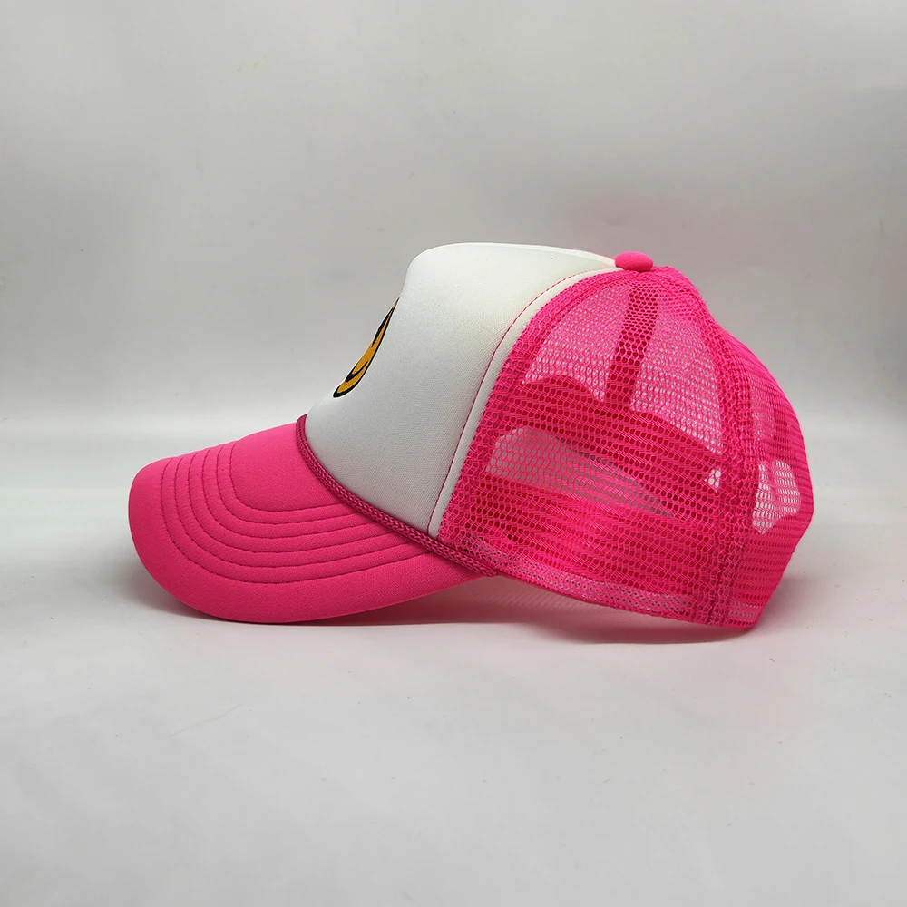 smile happy face logo gorras mesh foam cap embroidery trucker hat custom puff trucker hat