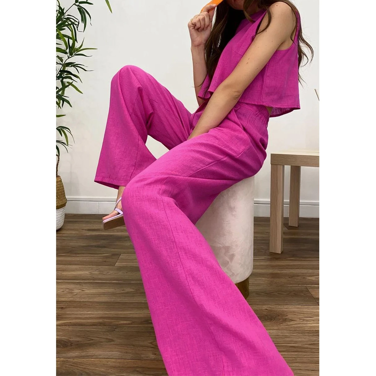 Summer pajamas loose loungewear solid color outerwear cotton and linen 2 piece set women