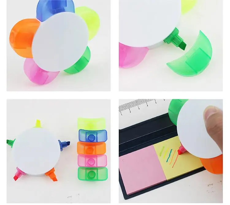 Custom Logo Multi-Color Flower-Shaped Highlighter Markers 5-in-1 Promotional Fluorescent Pen Set Oblique Brush Tip Loose